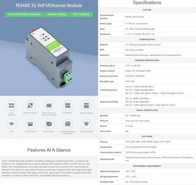 Alt view image 3 of 5 - Waveshare RS485 to WiFi/Ethernet Module Rail-Mount Serial Server Modbus MQTT Gateway