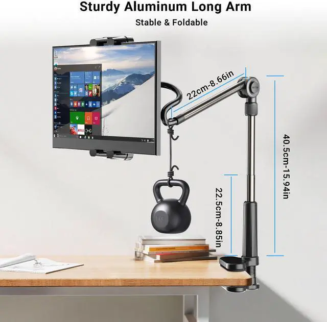 Alt view image 5 of 5 - LenTok Foldable Desk Tablet Mount for iPad Portable Monitor 4.7-15.6'', Long Gooseneck Tablet Arm Holder, Table Tripod with Clamp Compatible with Surface Pro, All iPad Pro 12.9