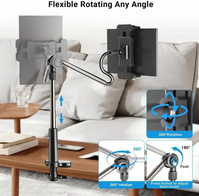 Alt view image 4 of 5 - LenTok Foldable Desk Tablet Mount for iPad Portable Monitor 4.7-15.6'', Long Gooseneck Tablet Arm Holder, Table Tripod with Clamp Compatible with Surface Pro, All iPad Pro 12.9