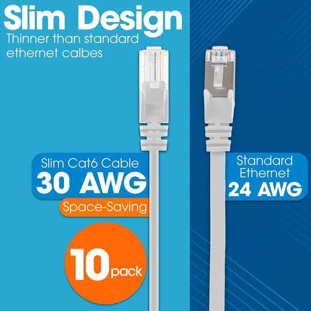 Alt view image 2 of 5 - Intellinet Slim Cat6 Ethernet Network Patch Cable - 10-Pack - 10Gbps & 250MHz, Snagless Boot, 30AWG Pure Bare Copper Wire, Gold-Plated Contacts, Lifetime Mfg Warranty - 7ft, 10 Pack, White