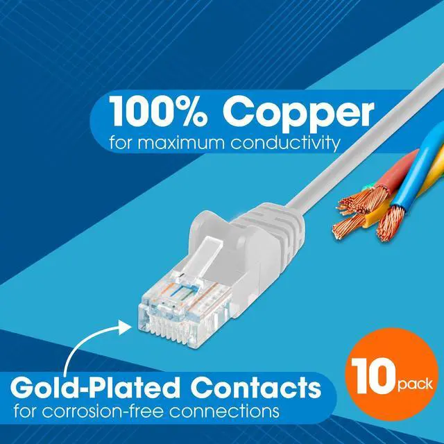 Alt view image 4 of 5 - Intellinet Slim Cat6 Ethernet Network Patch Cable - 10-Pack - 10Gbps & 250MHz, Snagless Boot, 30AWG Pure Bare Copper Wire, Gold-Plated Contacts, Lifetime Mfg Warranty - 7ft, 10 Pack, White