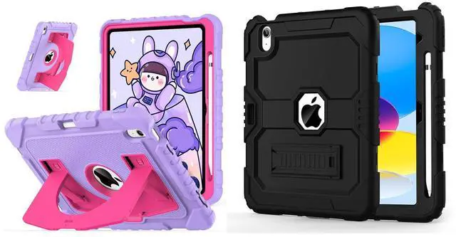 Main image of OKP Case for iPad 11-inch (A16) 2025 & iPad 10th Generation 10.9 inch 2022 with Pencil Holder and Stand for Kids Girls Boys (1* Purple+Hot Pink Case + 1* Black Case)