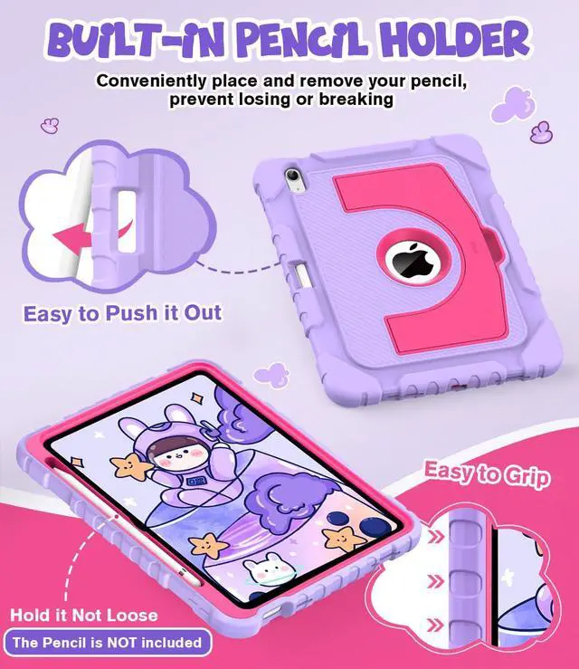 Alt view image 4 of 5 - OKP Case for iPad 11-inch (A16) 2025 & iPad 10th Generation 10.9 inch 2022 with Pencil Holder and Stand for Kids Girls Boys (1* Purple+Hot Pink Case + 1* Black Case)