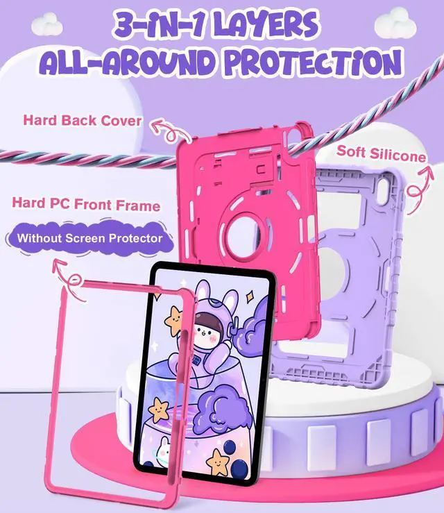 Alt view image 5 of 5 - OKP Case for iPad 11-inch (A16) 2025 & iPad 10th Generation 10.9 inch 2022 with Pencil Holder and Stand for Kids Girls Boys (1* Purple+Hot Pink Case + 1* Black Case)