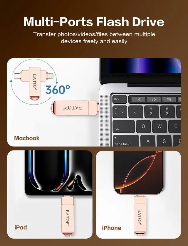 Alt view image 2 of 5 - EATOP 512GB Flash Drive Intended for iPhone iPad, Memory Stick Storage for Photos and Videos Backup, Compatible with iPhone iPad Android PC, Plug and Play, No Application Required (Rose Gold)