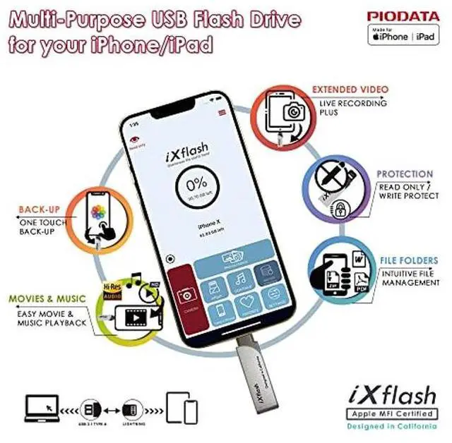 Alt view image 4 of 5 - PioData iXflash 64GB iPhone iPad Flash Drive USB 3.0 Apple MFi Certified Lightning Connector, External Storage Memory Expansion for iOS Devices, Windows and Mac, Gray,(IXF-64-SG