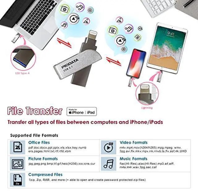 Alt view image 5 of 5 - PioData iXflash 64GB iPhone iPad Flash Drive USB 3.0 Apple MFi Certified Lightning Connector, External Storage Memory Expansion for iOS Devices, Windows and Mac, Gray,(IXF-64-SG