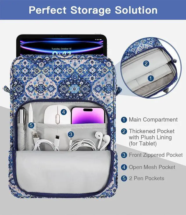 Alt view image 5 of 5 - MoKo 9-11 Inch Tablet Sleeve Bag Handle Carrying Case with Shoulder Strap Fits 11inch iPad Air M3, iPad A16 2025, iPadPro 11", iPad109/8/7th Gen 10.2, Air 5/4th 10.9, Tab S8/S9 11", Blue Bohemia