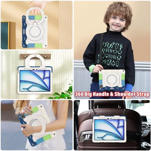 Alt view image 3 of 5 - ROISKIN for iPad Air 11 inch Case (M3 2025/M2 2024)/ Air 6th Generation for Kids with HD Screen Protector, 360 Rotating Kickstand, Shoulder Strap, Pen Holder, Heavy Duty Military Case for iPad Air 11