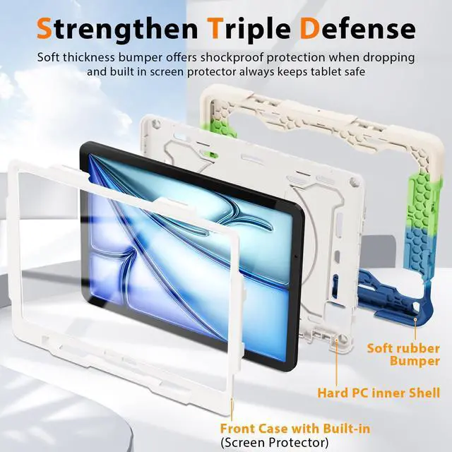 Alt view image 4 of 5 - ROISKIN for iPad Air 11 inch Case (M3 2025/M2 2024)/ Air 6th Generation for Kids with HD Screen Protector, 360 Rotating Kickstand, Shoulder Strap, Pen Holder, Heavy Duty Military Case for iPad Air 11