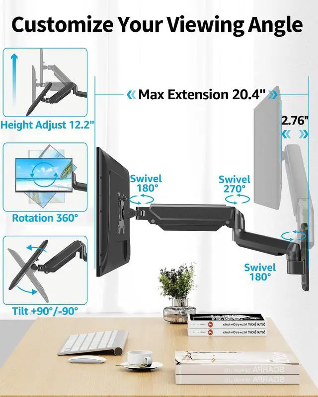 Alt view image 3 of 5 - MOUNTUP Single Monitor Wall Mount for Max 32 Inch Computer Screen, Fully Adjustable Gas Spring Monitor Arm, Wall Mount Monitors Holder Support 4.4-19.8lbs Display, VESA Bracket Fit 75x75mm, 100x100mm