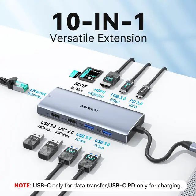 Alt view image 2 of 5 - USB C Hub Adapter for MacBook Pro Air,10 in 1 USB C to USB HDMI Ethernet Hub Mac Dongle Accessories Converter for laptops (4K@60Hz HDMI+Ethernet+4USB+1USB-C Data Port+SD/TF Card Reader+100W PD)