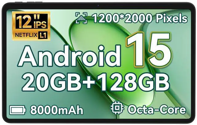 Main image of Android 15 Tablet, 12 inch Tablet with 20GB RAM 128GB ROM 2TB Expand, Octa-Core Processor, 1200 * 2000,2K Display, 8000mAh, GPS, WiFi 5, Dual Camera, BT5.0, Widevine L1, Google Tablets
