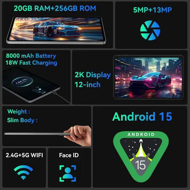 Alt view image 2 of 5 - Android 15 Tablet, 12 inch Tablet with 20GB RAM 128GB ROM 2TB Expand, Octa-Core Processor, 1200 * 2000,2K Display, 8000mAh, GPS, WiFi 5, Dual Camera, BT5.0, Widevine L1, Google Tablets