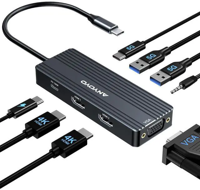Main image of ANYOYO USB C Docking Station Dual Monitor, 8 in 1 USB C HUB 3 Monitors Adapter with Dual HDMI 4K60HZ and VGA 1080P60HZ, 3 * 5Gbps USB-A/C,Support PD100W,Laptop Dock for Dell,Lenovo,HP,Samsung,ASUS