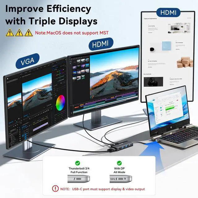 Alt view image 3 of 5 - ANYOYO USB C Docking Station Dual Monitor, 8 in 1 USB C HUB 3 Monitors Adapter with Dual HDMI 4K60HZ and VGA 1080P60HZ, 3 * 5Gbps USB-A/C,Support PD100W,Laptop Dock for Dell,Lenovo,HP,Samsung,ASUS