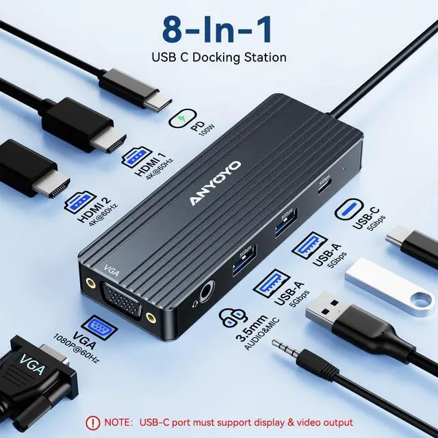 Alt view image 2 of 5 - ANYOYO USB C Docking Station Dual Monitor, 8 in 1 USB C HUB 3 Monitors Adapter with Dual HDMI 4K60HZ and VGA 1080P60HZ, 3 * 5Gbps USB-A/C,Support PD100W,Laptop Dock for Dell,Lenovo,HP,Samsung,ASUS