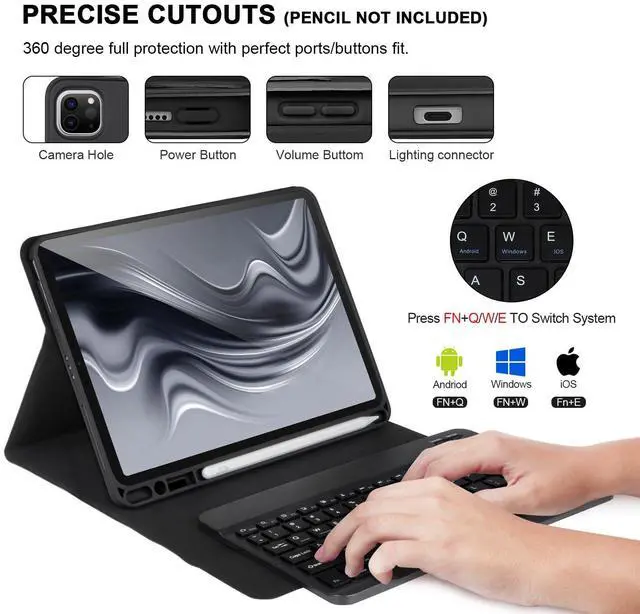 Alt view image 3 of 5 - APHBZGE Keyboard Case for iPad Pro 11'' (4th/3rd/2nd/1st Gen), iPad Air 5th/4th Gen, Detachable Bluetooth Keyboard with Pencil Holder, Black