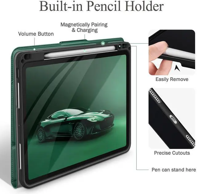 Alt view image 5 of 5 - auaua Case for iPad Pro 11 2024 (M4), with Pencil Holder and Pocket, Multiple Angles Viewing, Magnetic Closure, Auto Sleep/Wake (Green)