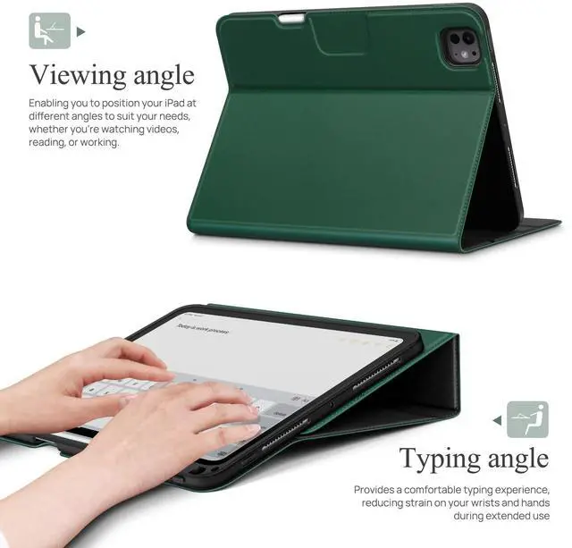 Alt view image 4 of 5 - auaua Case for iPad Pro 11 2024 (M4), with Pencil Holder and Pocket, Multiple Angles Viewing, Magnetic Closure, Auto Sleep/Wake (Green)