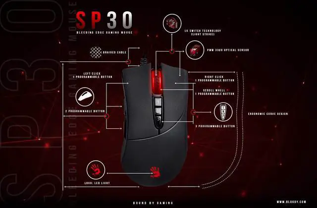 Alt view image 5 of 5 - Bloody SP30 Ergonomic Optical Switch Gaming Mouse - Fastest Mouse Switch in Gaming - Enthusiast Grade Sensor - 8 Programmable Buttons - Non-Slip Rubberized Black