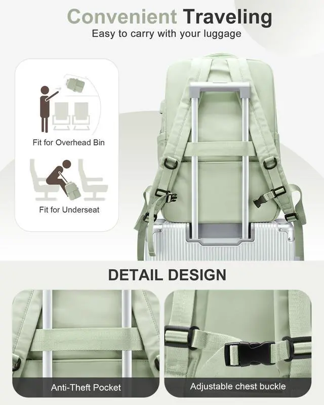 Alt view image 5 of 5 - CADOLIM Large Travel Backpack For Women Laptop Backpack Carry On Backpack For Airplanes College Backpacks For Women Men Waterproof Gym Work Backpack For Travel Green