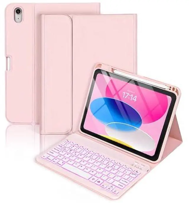 Main image of CHEEOKUO Folio Keyboard Case for iPad (A16) 11th Generation 11 Inch (2025), iPad 10th Generation 10.9 Inch (2022), Wireless Detachable Keyboard, 7-Color Backlight, Pencil Holder (Light Pink)