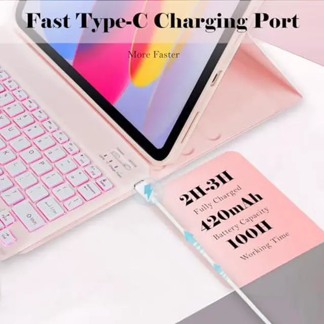 Alt view image 4 of 5 - CHEEOKUO Folio Keyboard Case for iPad (A16) 11th Generation 11 Inch (2025), iPad 10th Generation 10.9 Inch (2022), Wireless Detachable Keyboard, 7-Color Backlight, Pencil Holder (Light Pink)