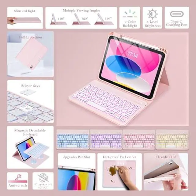 Alt view image 3 of 5 - CHEEOKUO Folio Keyboard Case for iPad (A16) 11th Generation 11 Inch (2025), iPad 10th Generation 10.9 Inch (2022), Wireless Detachable Keyboard, 7-Color Backlight, Pencil Holder (Light Pink)