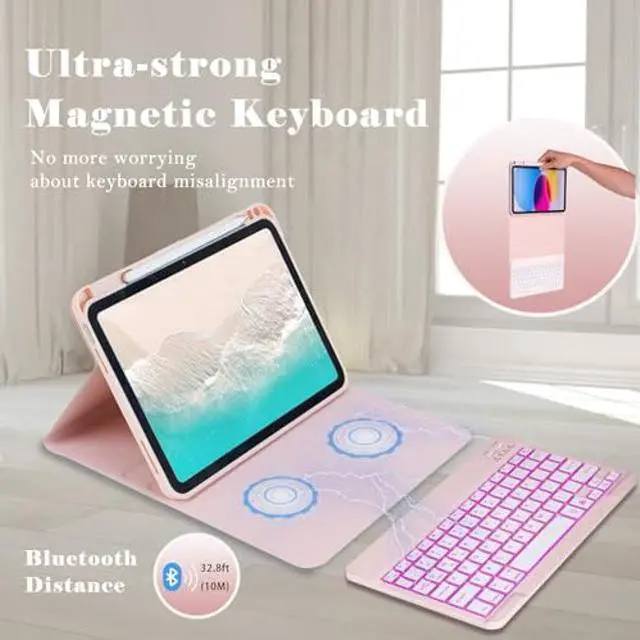 Alt view image 5 of 5 - CHEEOKUO Folio Keyboard Case for iPad (A16) 11th Generation 11 Inch (2025), iPad 10th Generation 10.9 Inch (2022), Wireless Detachable Keyboard, 7-Color Backlight, Pencil Holder (Light Pink)
