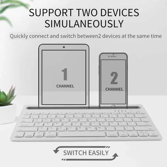 Alt view image 5 of 5 - Bluetooth Keyboard with Tablet/Phone Holder,Multi-device Rechargeable Portable Wireless Keyboard Switch to 2 Devices(White)