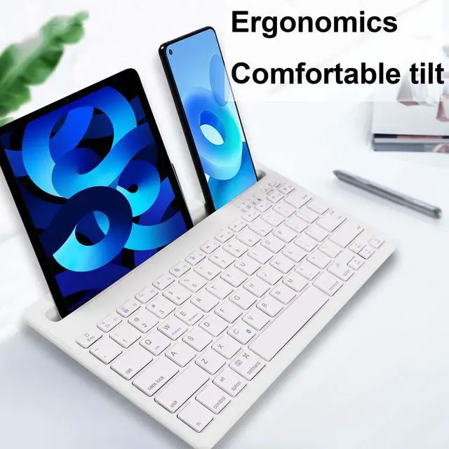 Alt view image 4 of 5 - Bluetooth Keyboard with Tablet/Phone Holder,Multi-device Rechargeable Portable Wireless Keyboard Switch to 2 Devices(White)