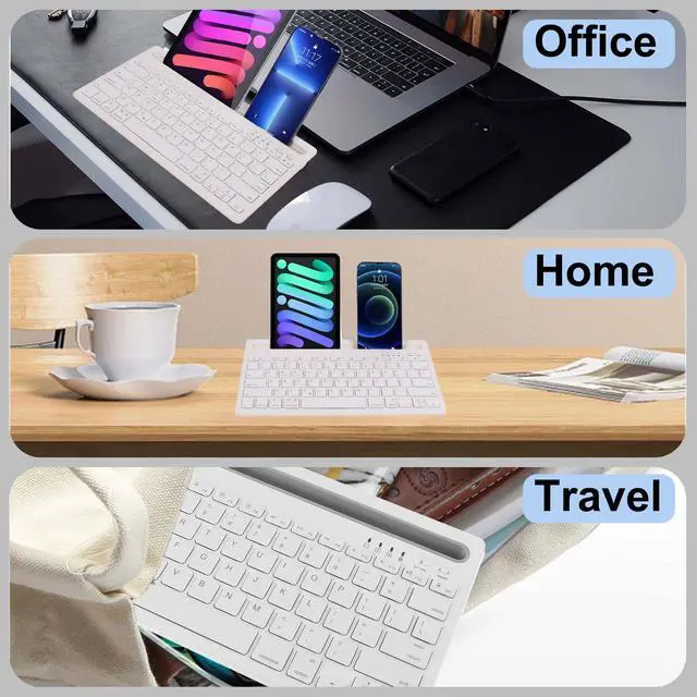 Alt view image 3 of 5 - Bluetooth Keyboard with Tablet/Phone Holder,Multi-device Rechargeable Portable Wireless Keyboard Switch to 2 Devices(White)