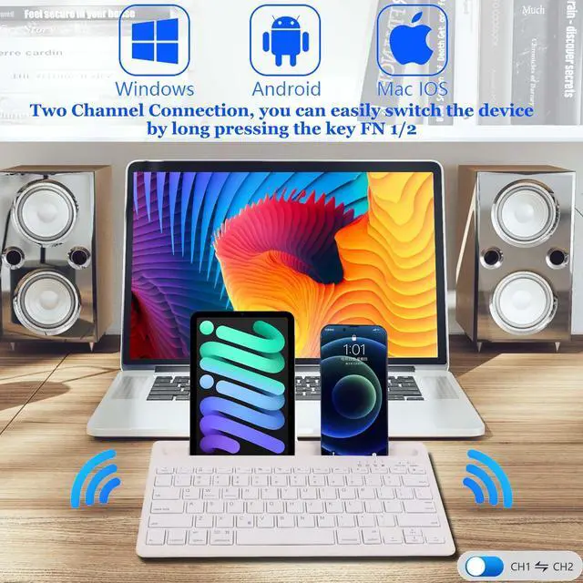 Alt view image 2 of 5 - Bluetooth Keyboard with Tablet/Phone Holder,Multi-device Rechargeable Portable Wireless Keyboard Switch to 2 Devices(White)