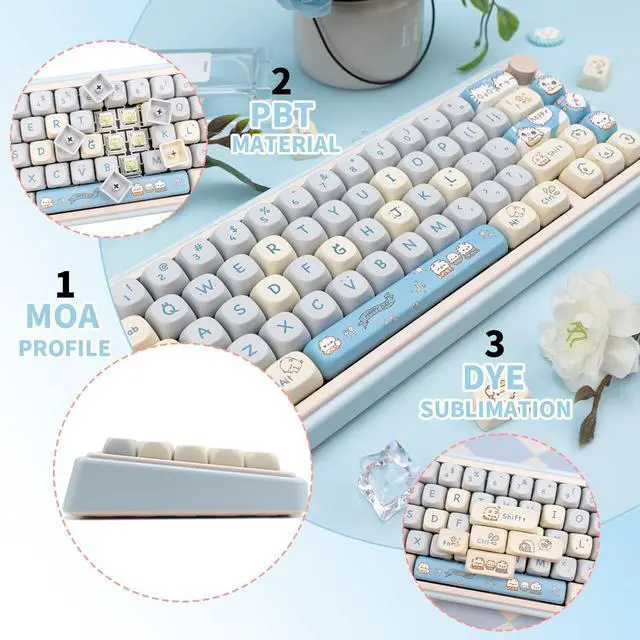 Alt view image 3 of 5 - COOMICKEY MOA Keycaps, PBT Keycaps, 148 Keys Blue White Cute Custom Gaming Keycap Set Dye Sublimation for ANSI Layouts Cherry Gateron MX Switches Mechanical Keyboard(Blue Cat)