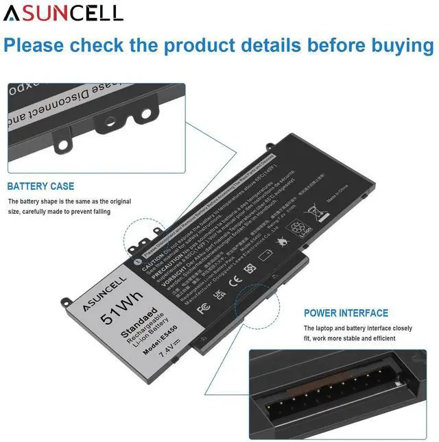 Alt view image 4 of 5 - ASUNCELL 51Wh G5M10 Battery for Dell Latitude 14 E5450 5450 15 E5550 5550 12 E5250 5250 3150 3160 3550 Series VMKXM 451-BBLN G5M10 08V5GX 5XFWC, 7.4V 4-Cell