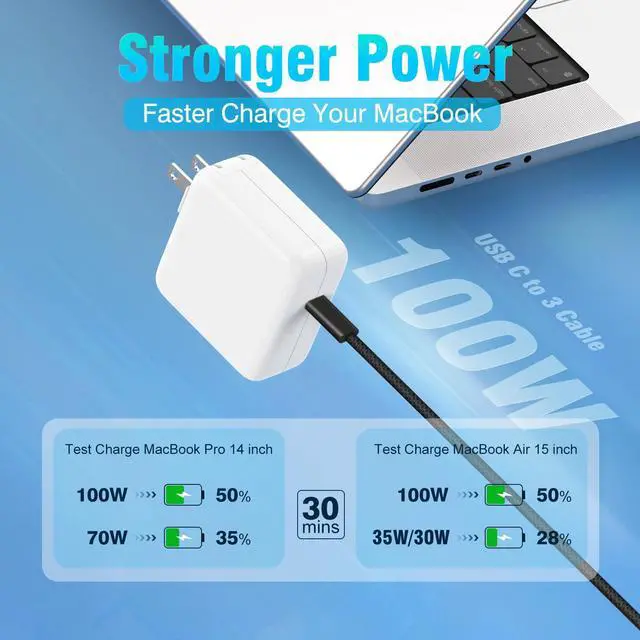 Alt view image 2 of 5 - Charger for MacBook Pro 14 16 inch MacBook Air 13 15 inch 2025 2024 2023 2022 2021 M4 M3 M2 M1 Mac, Super Compact Power Adapter, 6.6FT USB C to 3 Braided Cable LED, Original Quality, Space Black