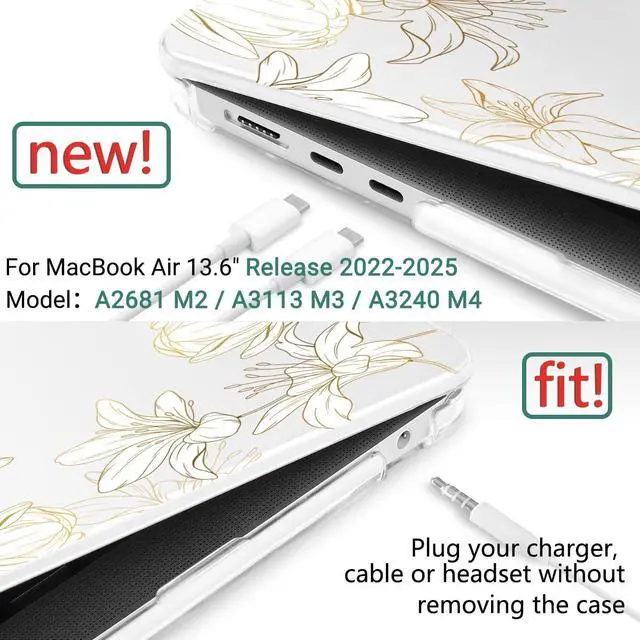 Alt view image 2 of 5 - DONGKE for M4 MacBook Air 13.6 Inch Case 2025 2024 2023 2022 Model A3240 A3113 A2681 M3 M2 Chip, Plastic Hard Shell Case Cover with Touch ID for MacBook Air 13 Inch M4 - Golden Floral