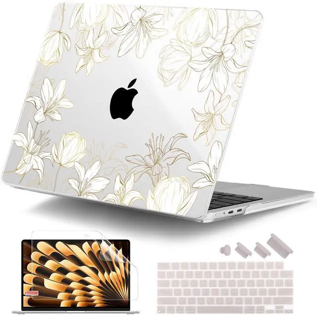 Main image of DONGKE for M4 MacBook Air 13.6 Inch Case 2025 2024 2023 2022 Model A3240 A3113 A2681 M3 M2 Chip, Plastic Hard Shell Case Cover with Touch ID for MacBook Air 13 Inch M4 - Golden Floral