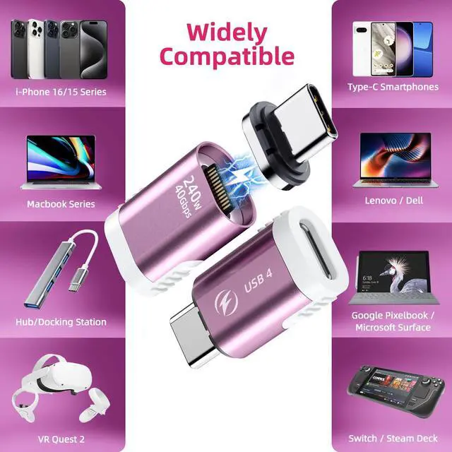Alt view image 5 of 5 - USB C Magnetic Adapter 240W, (2 Pack) Magnetic USBC Adapter 24 Pin Straight with USB4 40Gbps 8K 60Hz Video for iPhone 15/16 Series, Thunderbolt 3/4, MacBook Pro/Air and More Type C Devices, Pink
