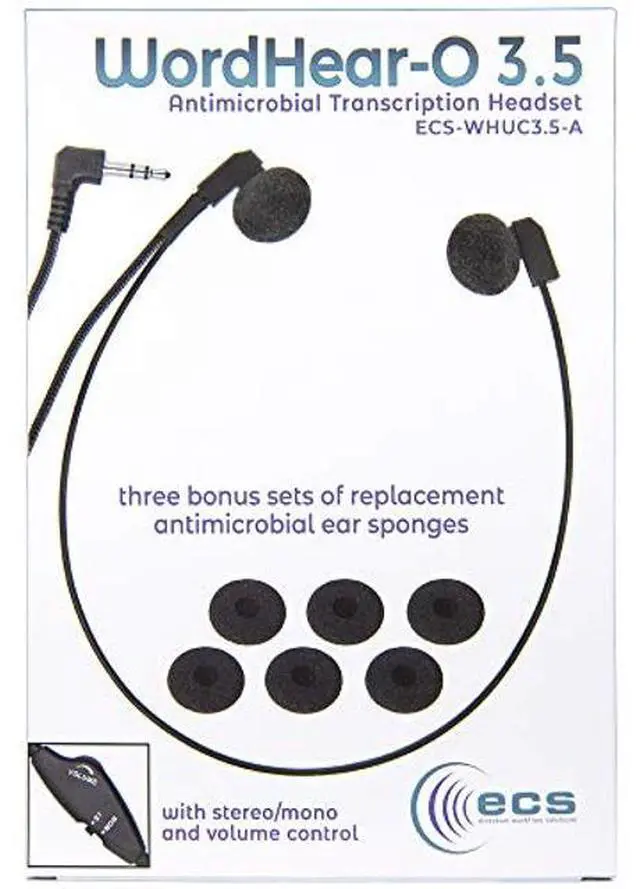 Alt view image 5 of 5 - ECS WordHear-O 3.5mm Transcription Headset with in-line Stereo/Mono & Volume, Under Chin, 10' Cord, Clothing Clip, 3 Extra Pair Ear sponges, Compatible with Computer & transcribers with a 3.5mm Jack