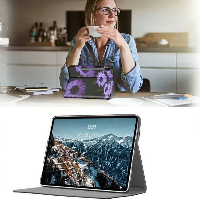 Alt view image 2 of 5 - Case for Samsung Galaxy Tab S8 Plus 2022/ Tab S7 FE 5G 2021/ Tab S7 Plus 2020 Tablet 12.4 Inch, Premium PU Leather Case Ultra Slim Fit Shockproof Stand Folio Cover, Purple Flower Floral
