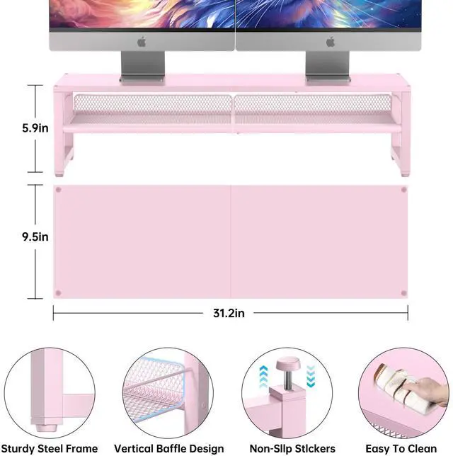 Alt view image 2 of 5 - ECOLOVI Desk Organizers and Accessories, Dual Monitor Stand Riser for Desk Organizer, Computer Stand Desk Accessories Workspace Desktop Organizer for Laptop, PC, Computer, Pink
