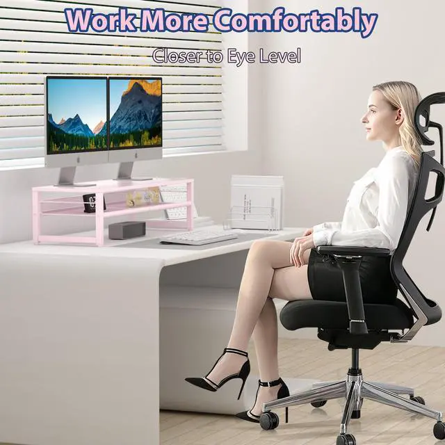 Alt view image 3 of 5 - ECOLOVI Desk Organizers and Accessories, Dual Monitor Stand Riser for Desk Organizer, Computer Stand Desk Accessories Workspace Desktop Organizer for Laptop, PC, Computer, Pink