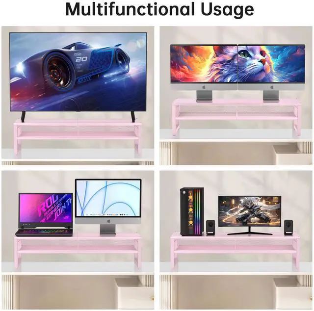Alt view image 4 of 5 - ECOLOVI Desk Organizers and Accessories, Dual Monitor Stand Riser for Desk Organizer, Computer Stand Desk Accessories Workspace Desktop Organizer for Laptop, PC, Computer, Pink