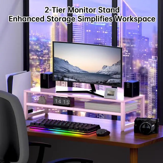 Alt view image 5 of 5 - ECOLOVI Desk Organizers and Accessories, Dual Monitor Stand Riser for Desk Organizer, Computer Stand Desk Accessories Workspace Desktop Organizer for Laptop, PC, Computer, Pink