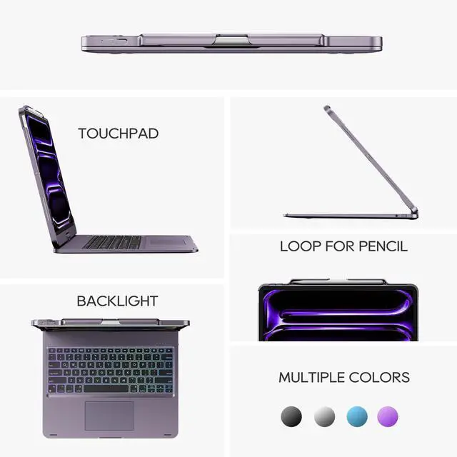 Alt view image 4 of 5 - edaiser Swivel Keyboard Case for Apple 2025 iPad Air 13-inch (M3-M2), iPad Pro 13 inch M4 2024, iPad Pro 12.9-inch (6th-3rd Gen); Rotatable Cover with Pencil Holder, Trackpad, Backlit, Purple