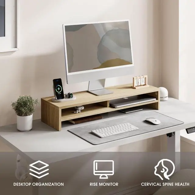 Alt view image 2 of 5 - Fenge Monitor Stand, 31.5 Inch Computer Monitor Riser for Desk, 2 Tiers Wood Desk Shelf with Storage, Desktop Organizer for PC, Laptop, Screen, Printer