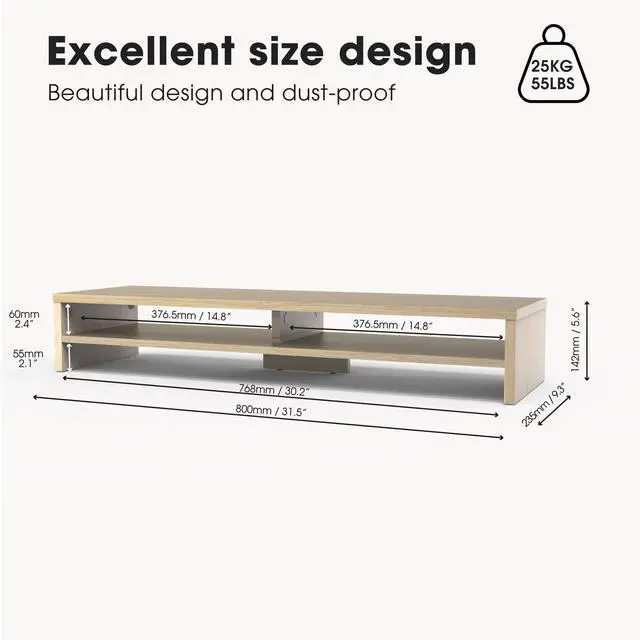 Alt view image 4 of 5 - Fenge Monitor Stand, 31.5 Inch Computer Monitor Riser for Desk, 2 Tiers Wood Desk Shelf with Storage, Desktop Organizer for PC, Laptop, Screen, Printer