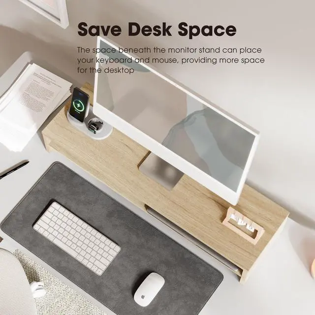 Alt view image 5 of 5 - Fenge Monitor Stand, 31.5 Inch Computer Monitor Riser for Desk, 2 Tiers Wood Desk Shelf with Storage, Desktop Organizer for PC, Laptop, Screen, Printer